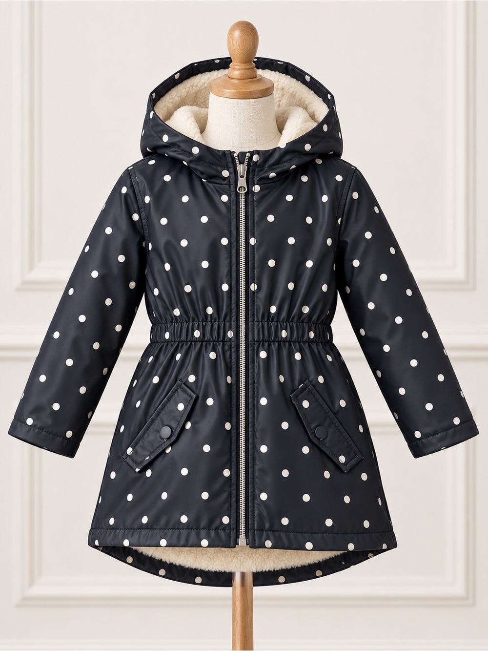 Girls' Navy Polka Dot Hooded Raincoat with Sherpa Lining